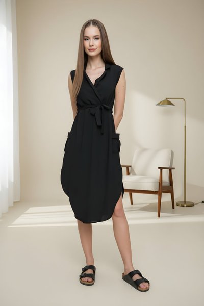 Siyah Oversize Midi Kruvaze Yaka Kemerli Elbise