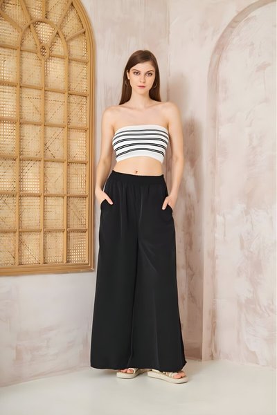 Siyah Salaş Oversize Bol Paça Beli Lastikli Cepli Yumuşak Dokulu Rahat Pantolon