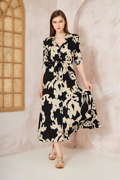 Slim Fit Long Sleeve Summer Belted Dress - Black