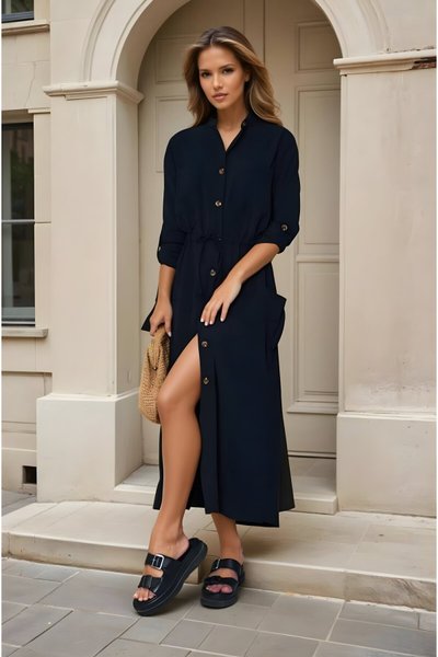 Siyah Uzun Yazlık Krep Cepli Büzgülü Katlanabilir Kollu Elbise