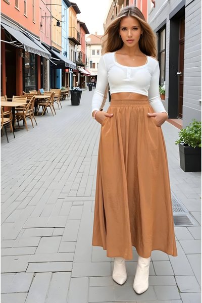 Taba Uzun A Kesim Salaş Yüksek Bel Beli Lastikli Kupra Etek