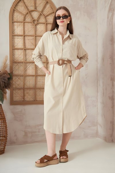 Taş Oversize Bol Kesim Cepli Poplin Midi Elbise