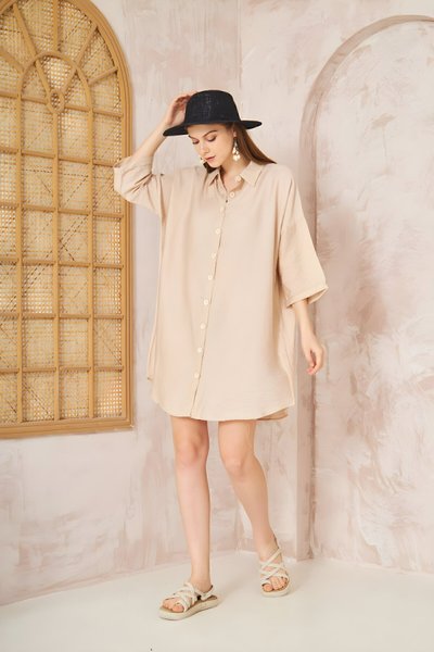 Loose Fit Midi Linen Roll-Up Sleeve Dress - Stone