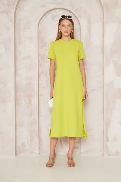 Yağ Yeşili Kısa Kol Midi Yırtmaçlı Elbise