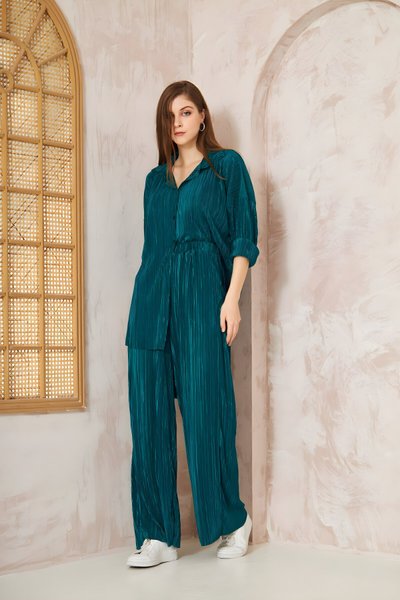 Zümrüt Pliseli Bürümcük Salaş Beli Lastikli Pantolon Tunik Takım