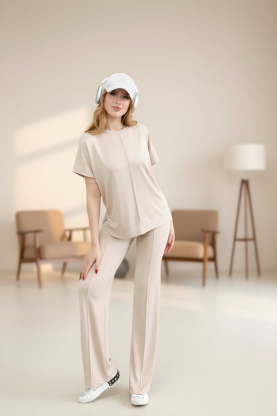 Bej Bisiklet Yaka Kısa Kollu Osy Modal Yumuşak Dokulu İkili Takım