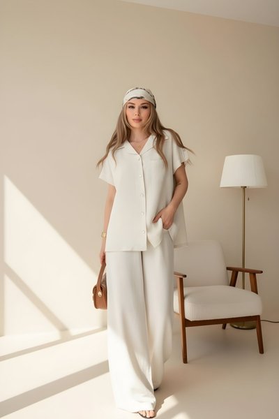 Beyaz Keten Kısa Kollu Cepli Gömlek Pantolon İkili Takım
