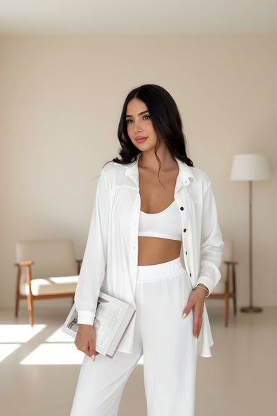 Beyaz Uzun Kollu Yakalı Düğmeli Gömlek Pantolon İkili Takım
