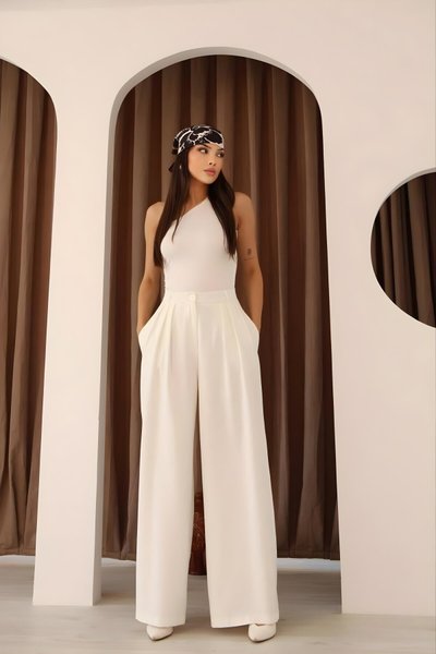 Beyaz Yüksek Bel Bol Paça Palazzo Pilili Pantolon