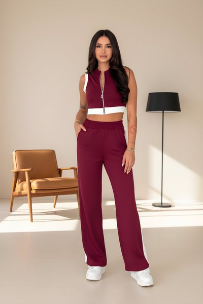 Bordo İkili Crop Pantolon Tam Fermuarlı Yumuşak Dokulu Modal Takım
