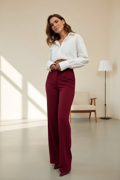 Bordo Jakar Palazzo Cırtlı Pantolon