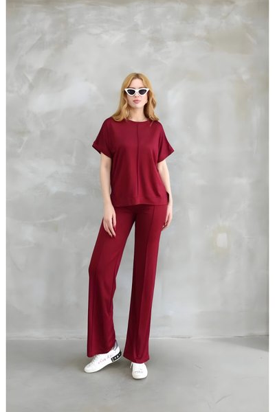 Bordo Kısa Kollu Bisiklet Yaka Yumuşak Dokulu Osy Modal İkili Takım