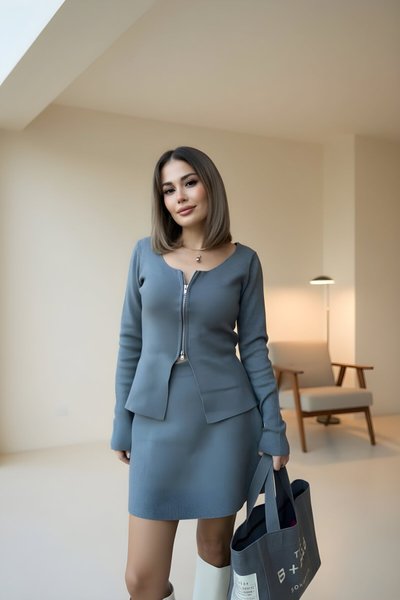 Füme İkili Fermuarlı Hırkalı Etekli Takım