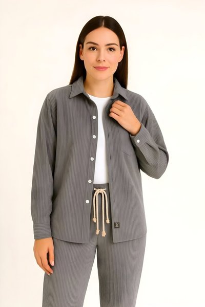 Füme Oversize Kadife Gömlek Ve Pantolon İkili Takım