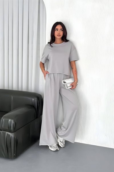 Gri Boyalı Bol Paça Bisiklet Yaka Yumuşak Dokulu Osy Modal İkili Takım