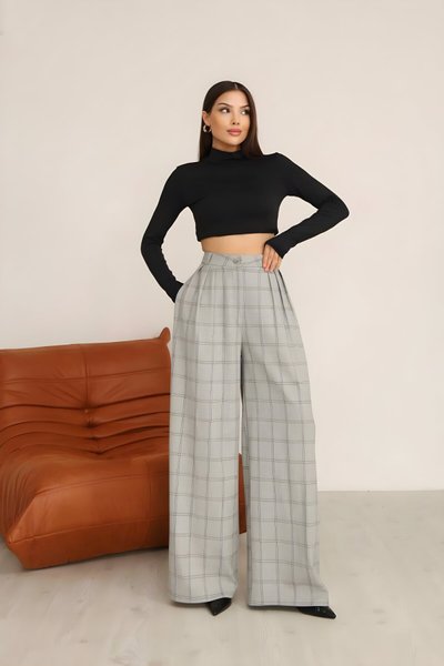 Gri Ekoseli Yüksek Bel Geniş Paça Palazzo Poliviskon Kumaş Pantolon