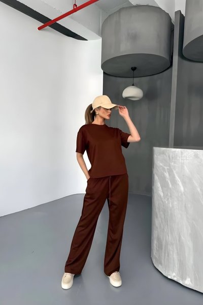 Kahverengi Kısa Kollu Rahat Osy Modal Yumuşak Dokulu İkili Takım