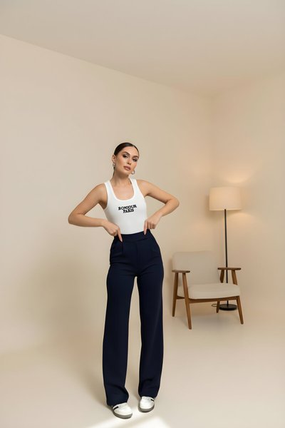 Lacivert Jakar Palazzo Cırtlı Pantolon