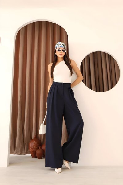 Lacivert Palazzo Bol Paça Yüksek Bel Pilili Pantolon