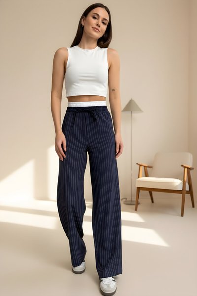 Lacivert Palazzo Garnili Bağcıklı Pantolon