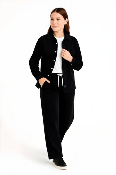 Siyah Kadife Oversize Gömlek ve Pantolon İkili Takım