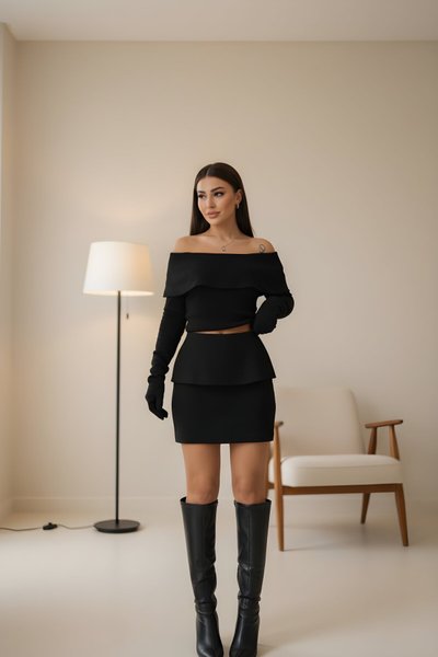 Siyah Mini Etekli Croplu İkili Triko Straplez Madonna Carmen Yaka Takım