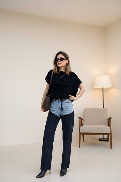 Siyah Palazzo Jeans Kot Parçalı Pantolon