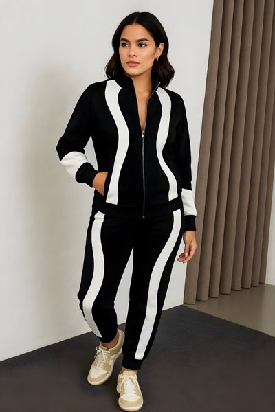 Siyah Parçalı Premium İkili Eşofman Dik Yaka Fermuarlı Sweatshirt Takım