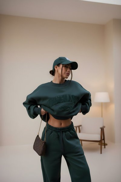 Yeşil Üç İplik Bisiklet Yaka Nakış İşlemeli Sweat İkili Takım