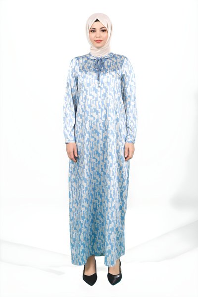Mavi Kareli Desenli Saten İpli Yakalı Tesettür Elbise