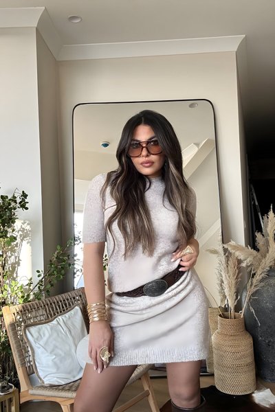 Bej Yumoş Triko Kısa Kollu Mini Elbise