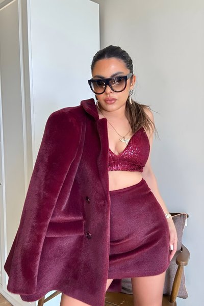 Bordo Mini Kürk Kumaş Etek