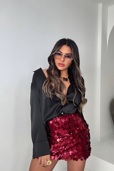 Bordo Mini Payet Astarlı Şort Etek