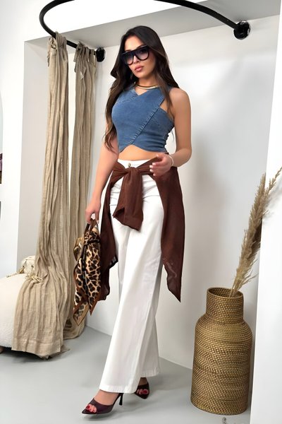 Ekru Boru Paça Arka Bel Lastik Pantolon