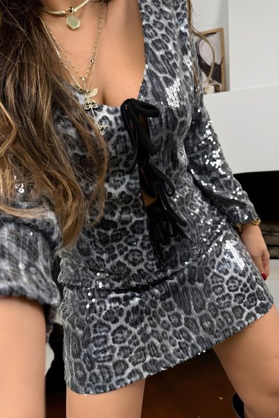 Gri Leopar Mini Payetli Etek
