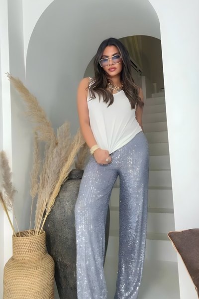 Gri Payetli Bol Paça Pantolon
