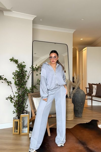 Gri Yarım Balıkçı Tasarım Ters Dokuma Eşofman Takım