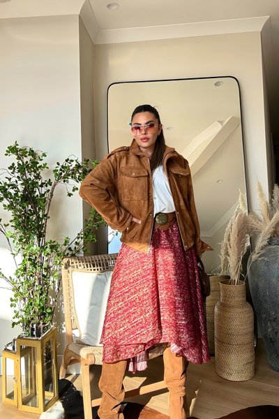 Kiremit Şifon Simli Kırçıllı Midi Piliseli Etek