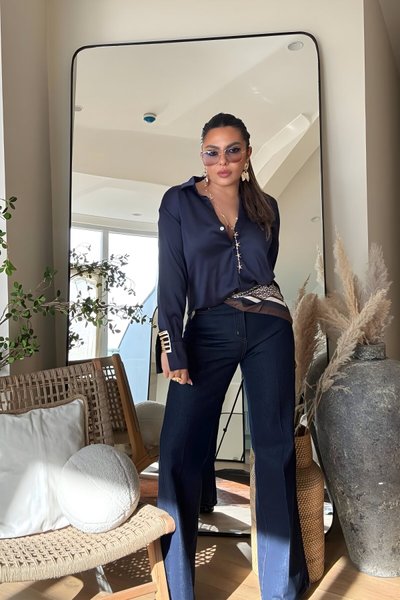 Lacivert Flare Paça Fularlı Jean Pantolon