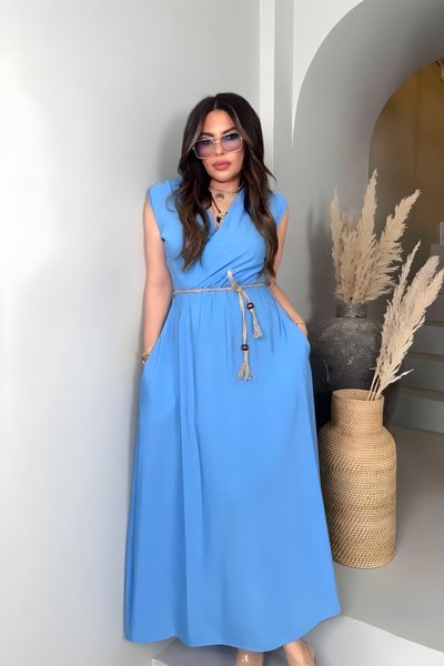 Mavi Hasır Örme Uzun Kruvaze İp Detaylı Elbise