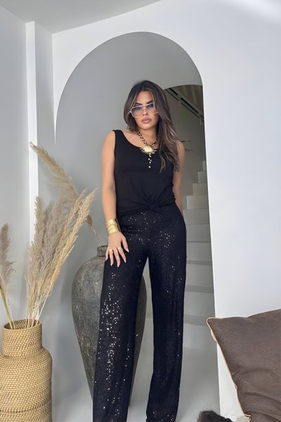 Siyah Bol Paça Payetli Pantolon