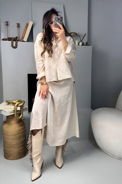 Taş Uzun Kloş Buruşuk Viskon Etek