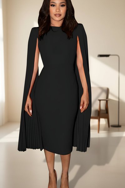 Silk Jersey Cape Sleeve Padded Shoulder Evening Dress - Black