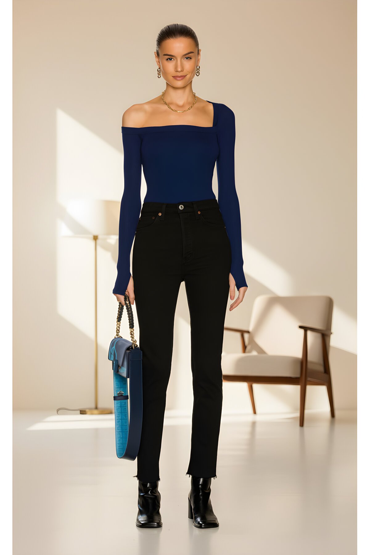 L-Model Silk Jersey Thumbhole Bodysuit - Navy Blue - Zagrep