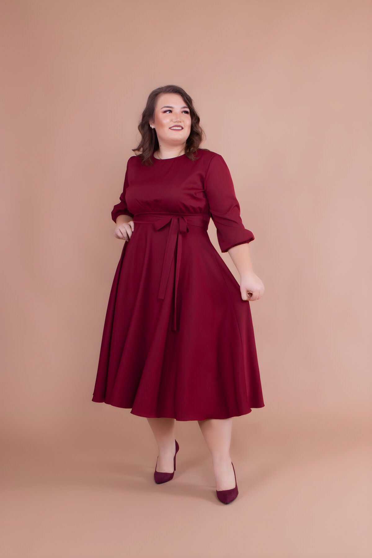 Bordo Büyük Beden Midi Elbise - Bidoluelbise