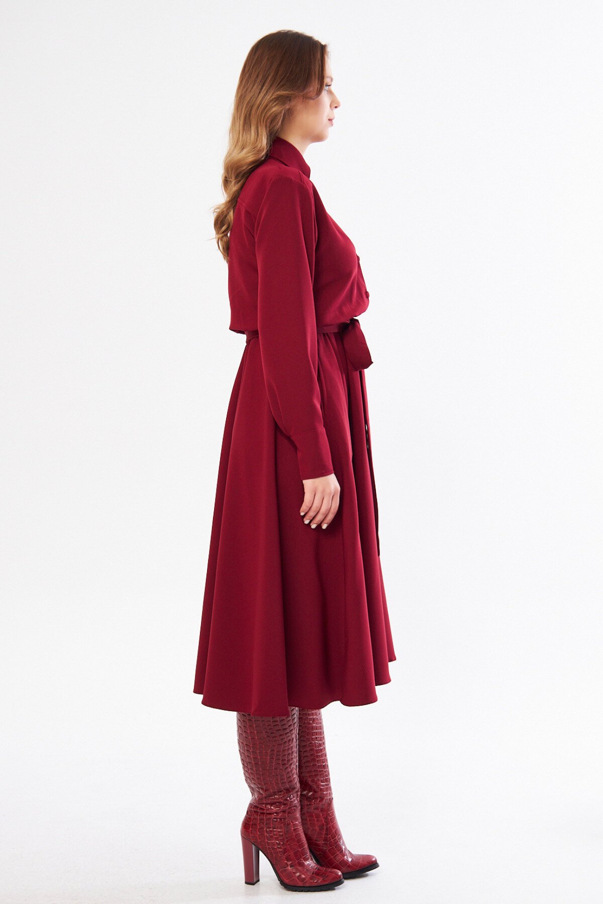 فستان قميص ميدي عنابي بأكمام طويلة وحزام - Bidoluelbise
