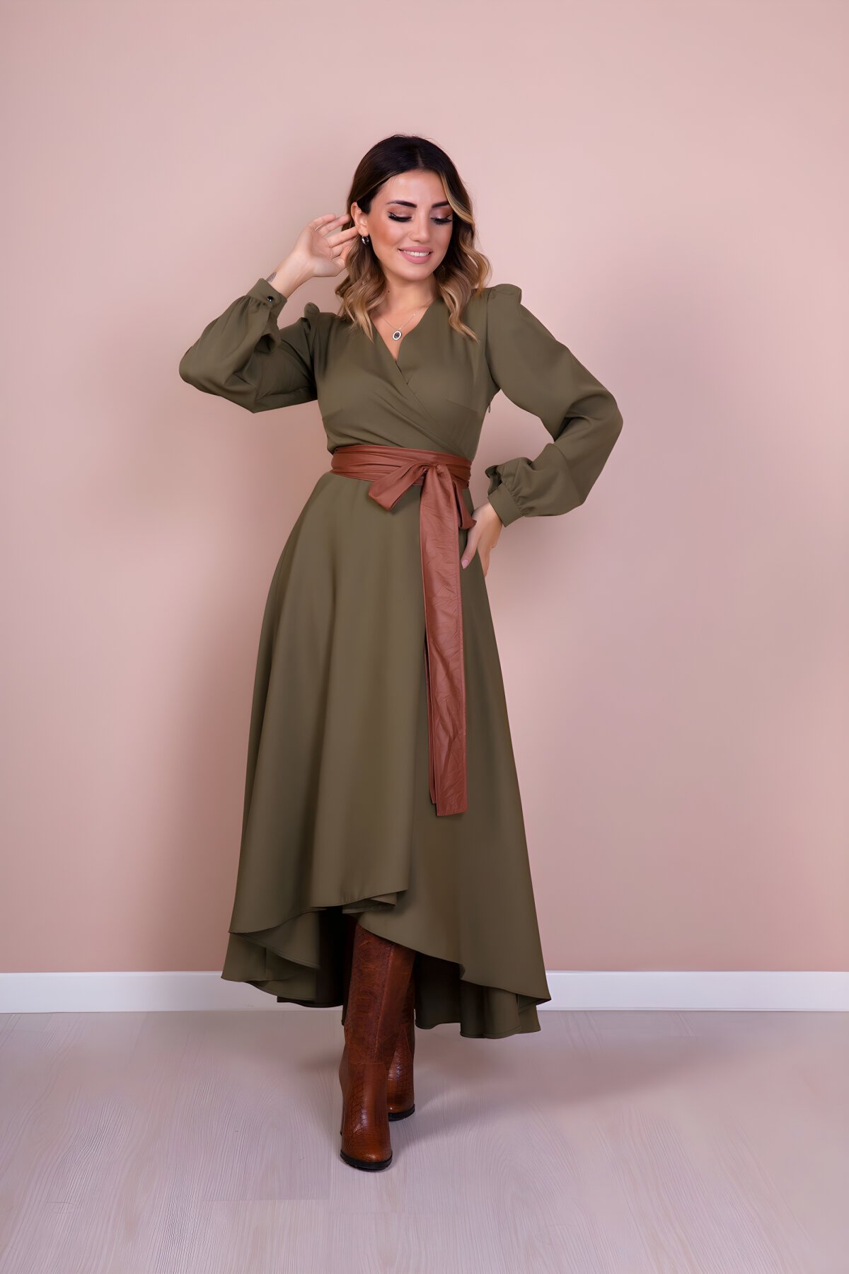 Haki Taba Uzun Kol Asimetrik Kesim Kemerli Elbise