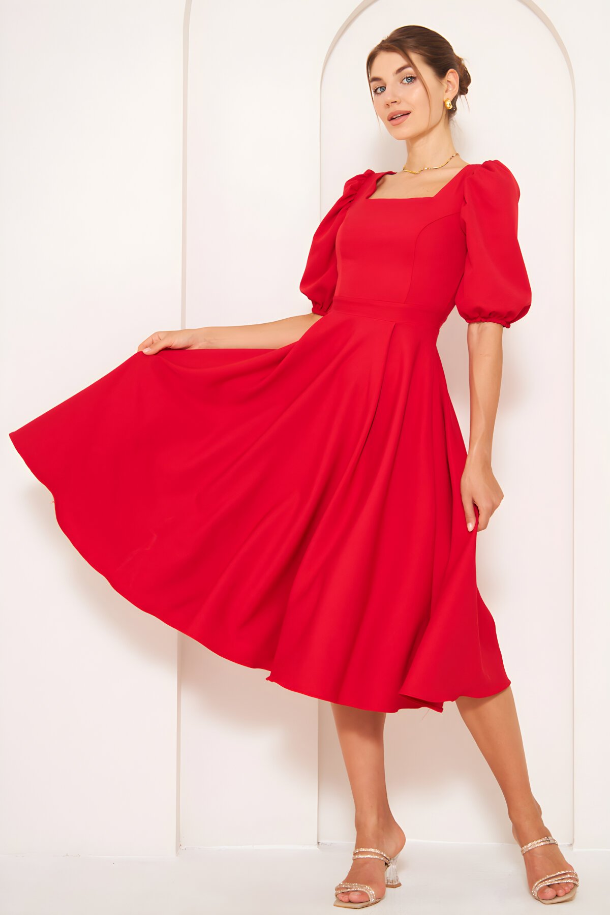 Midi Balloon Sleeve Square Neck Dress - Red - Bidoluelbise