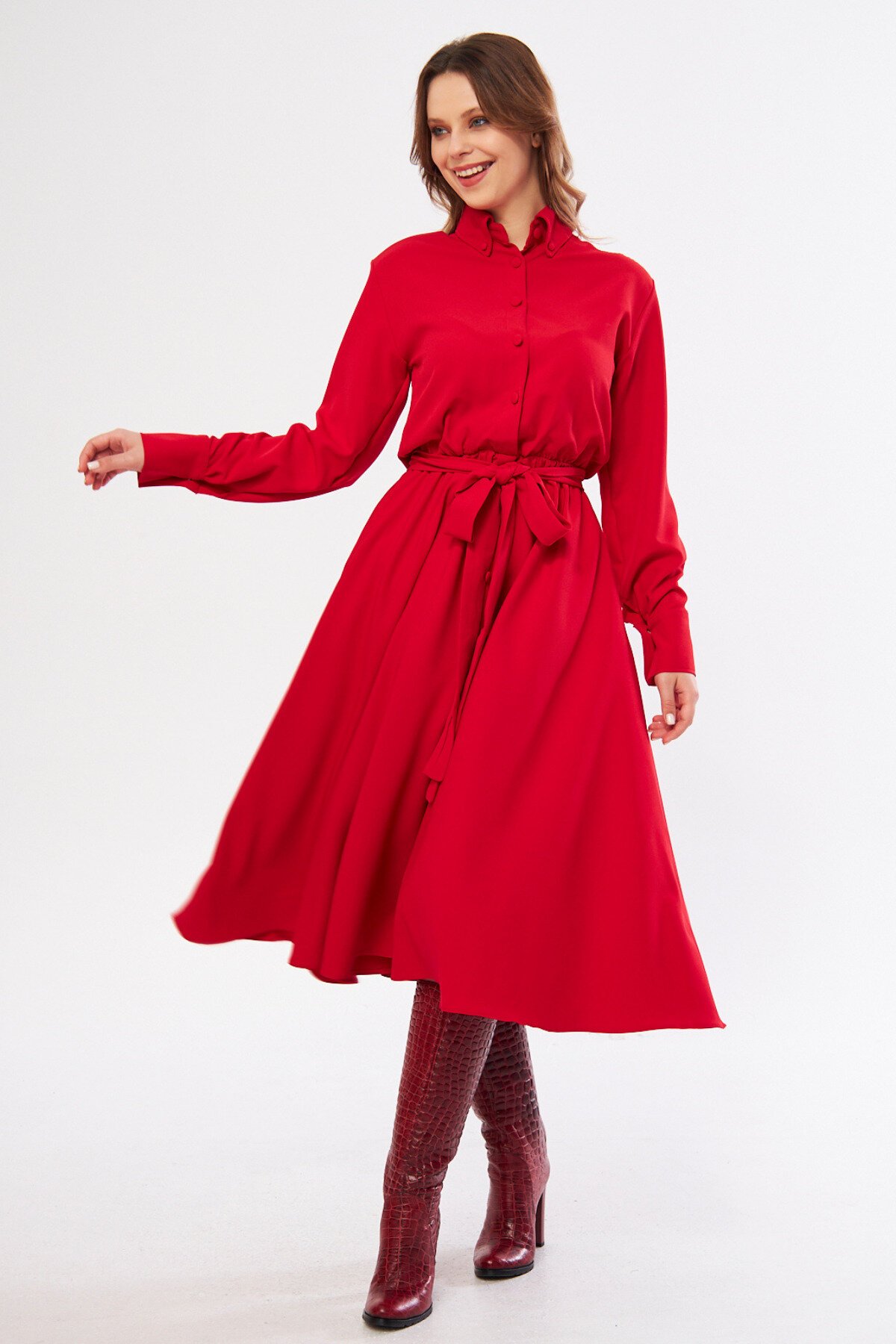 Midi Long-Sleeve Belted Pocket Shirt Dress - Red - Bidoluelbise