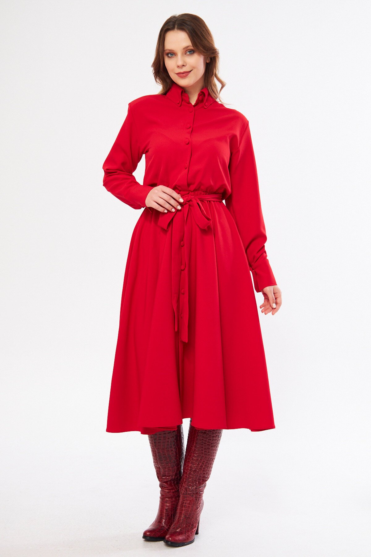 Midi Long-Sleeve Belted Pocket Shirt Dress - Red - Bidoluelbise